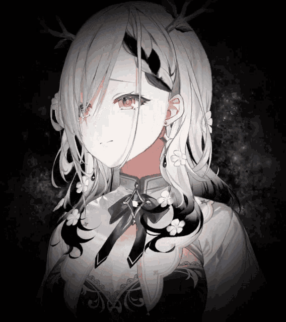 a drawing of a girl with flowers in her hair and antlers