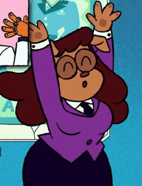 a cartoon character with glasses and a purple jacket is raising her arms in the air