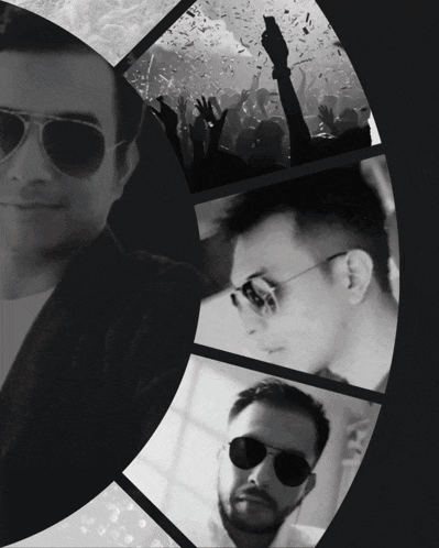 a black and white photo of a man wearing sunglasses and a crowd behind him