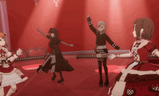 a group of anime girls are dancing on a red stage