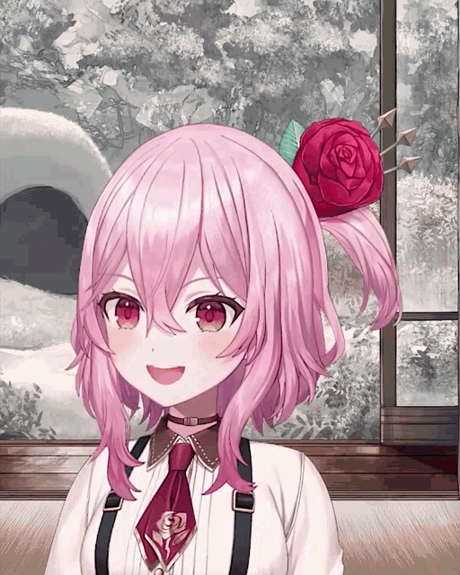 a girl with pink hair is wearing a red rose in her hair