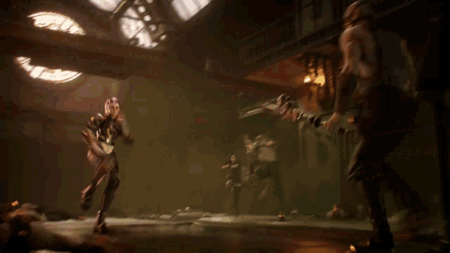 a blurred image of a man holding a sword in a room