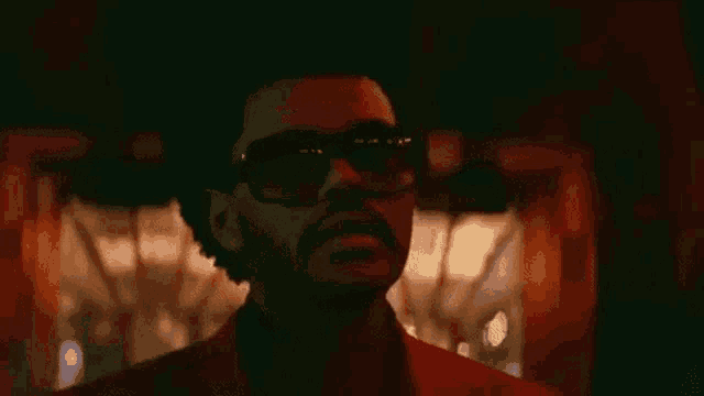 a close up of a man wearing sunglasses and a red jacket .