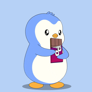 a blue and white penguin is holding a bar of chocolate