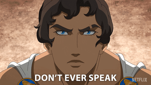 a cartoon of a man with the words " do n't ever speak " behind him