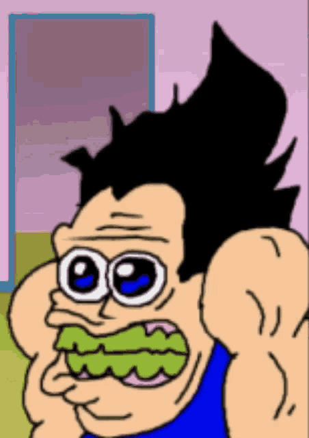 a cartoon drawing of a man with big eyes and a blue shirt