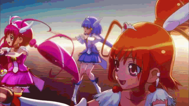 a group of anime girls are dancing in a row