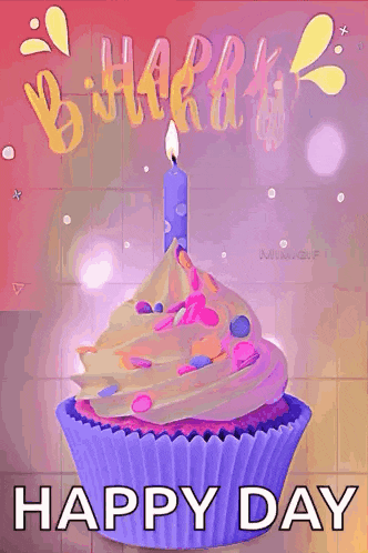 a purple cupcake with a blue candle on top of it and the words `` happy birthday '' .