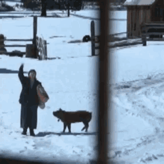 a woman standing in the snow with a dog behind her
