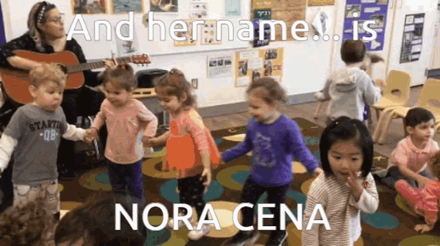 a group of children are dancing in a room with the words " and her name is nora cena "
