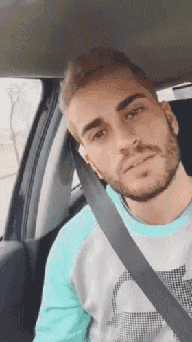 a man with a beard is sitting in a car with a seat belt around his neck .
