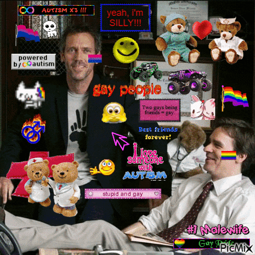 two men are sitting next to each other surrounded by stuffed animals and stickers including one that says " gay people "