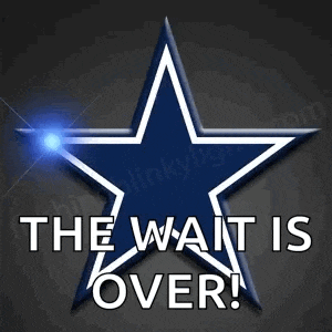 a blue and white star with the words the wait is over written on it