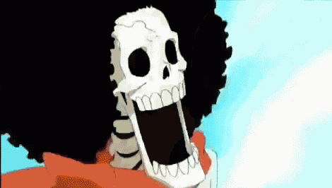 a cartoon of a skeleton with a afro and a skull with a big mouth .
