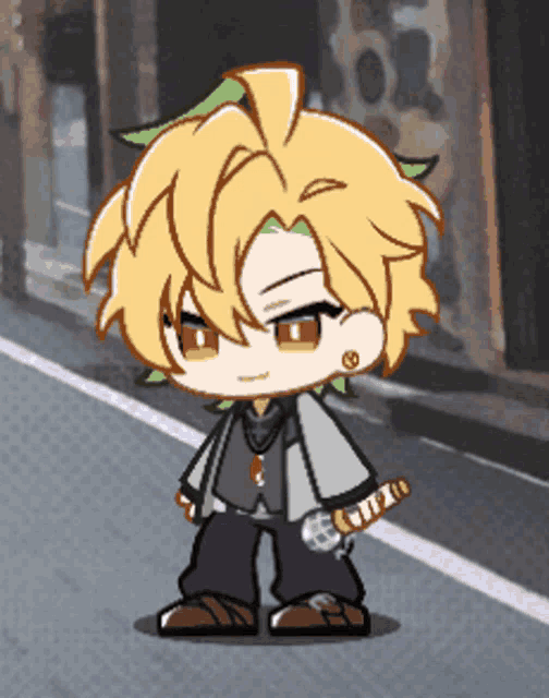 a cartoon character is holding a microphone and standing on a street