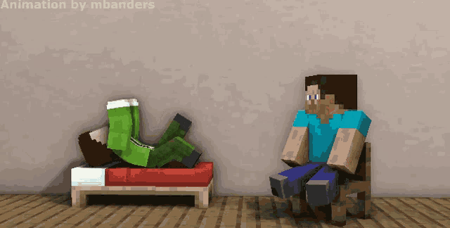 a minecraft animation shows a man sitting in a chair and a man laying on a bed