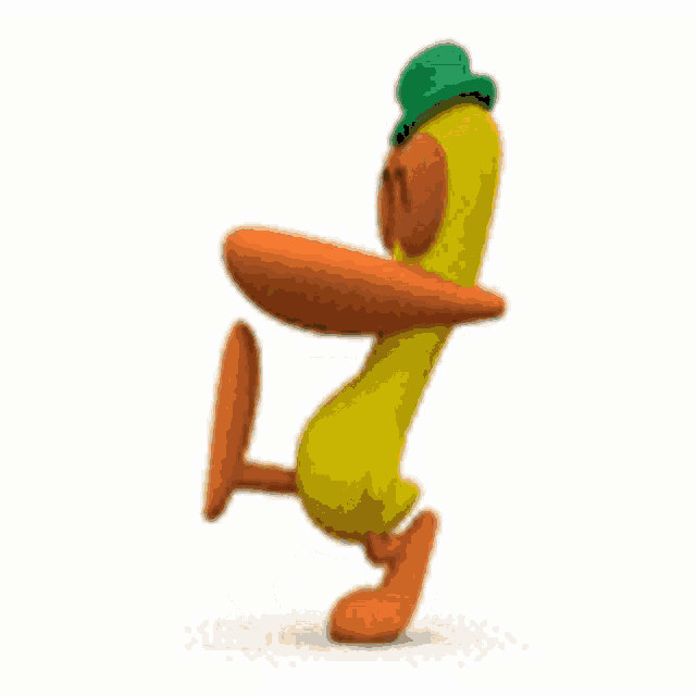 a cartoon duck with a green hat is walking .