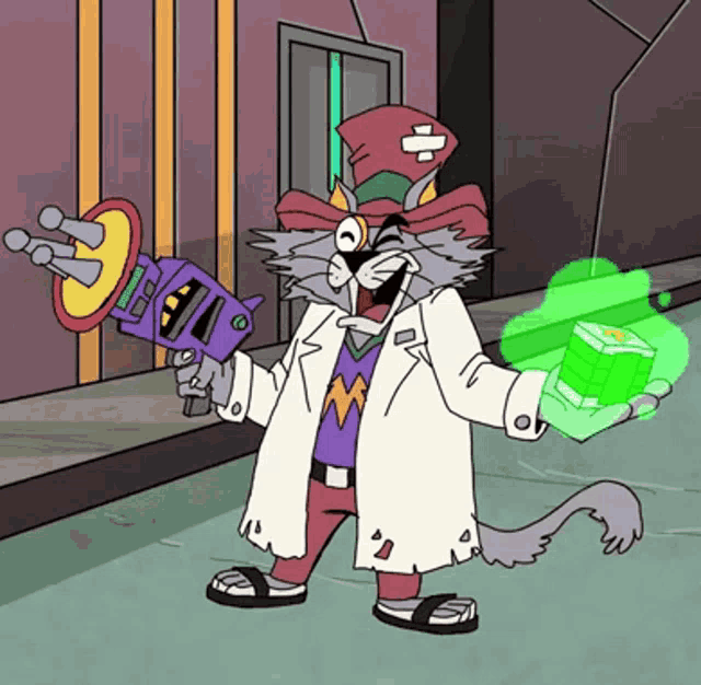 a cartoon cat is holding a gun and a cube in his hand