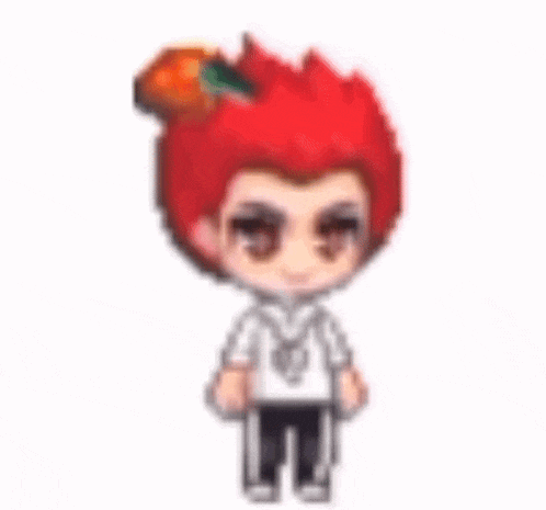 a pixel art drawing of a boy with red hair and a pumpkin in his hair holding popcorn .