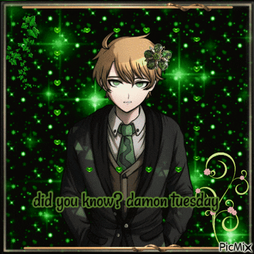 a picture of a boy with a clover in his hair and the words did you know damon tuesday on the bottom