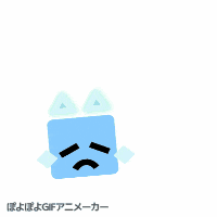 a cartoon drawing of a blue square with a sad face and triangles on its head