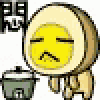 a cartoon character with a yellow face and a pot .