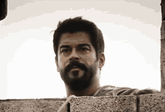 a man with a beard is looking over a stone wall .