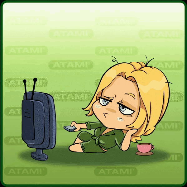 a cartoon drawing of a woman sitting in front of a tv with the word atami behind her