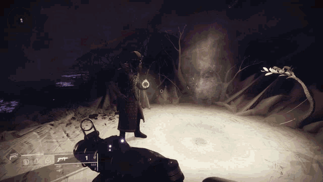a person holding a gun in a video game with the number 1 on the left