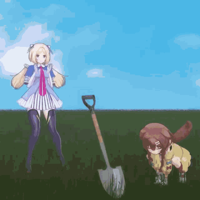 a girl and a dog are standing next to a shovel