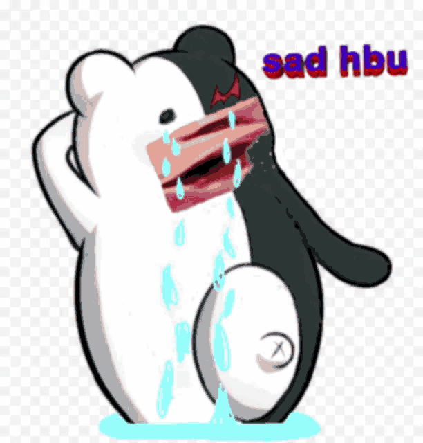 a black and white penguin is crying with tears coming out of his mouth .