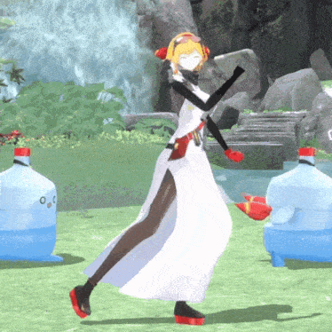 a cartoon character is dancing in front of a water bottle that says o on it