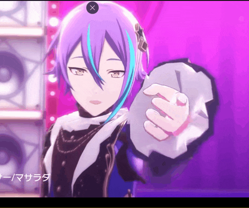 a cartoon character with purple hair and blue streaks is holding something in his hand