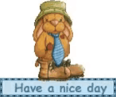 a picture of a bunny wearing a hat and tie with the words have a nice day below it .