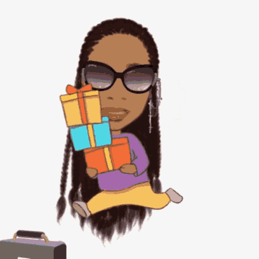 a cartoon of a woman wearing sunglasses holding a stack of gifts .
