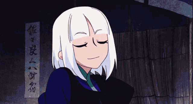 a cartoon character with white hair is smiling in front of a sign with chinese writing