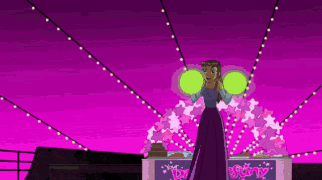 a girl in a purple dress stands in front of a sign that says destiny