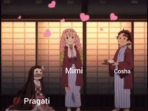 a group of anime characters are standing next to each other with the names pragatti mimi and cosha visible