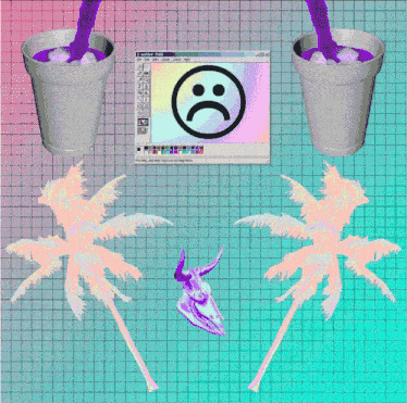 a computer screen with a sad face and two cups