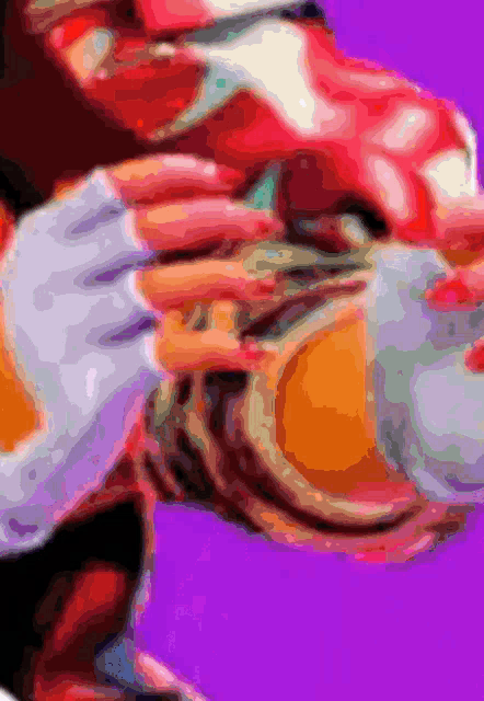 a colorful painting of a person holding something in their hand