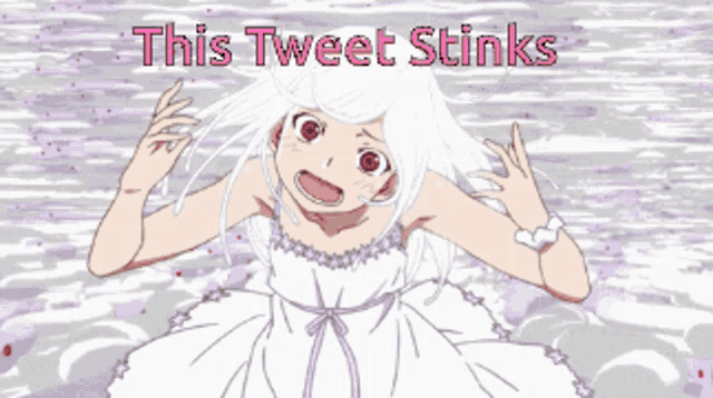 a girl in a white dress with the words " this tweet stinks " below her