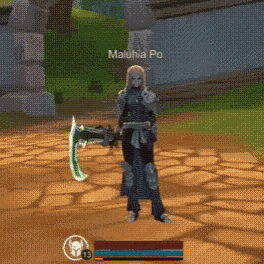 a video game character named maluhia po is holding a sword and an axe