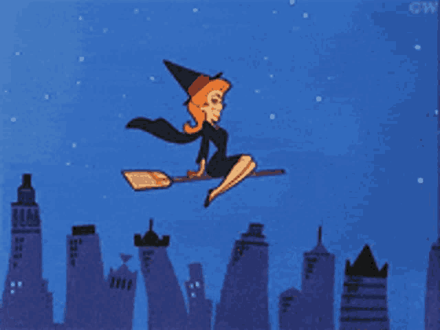 a cartoon witch is flying on a broom over a city at night