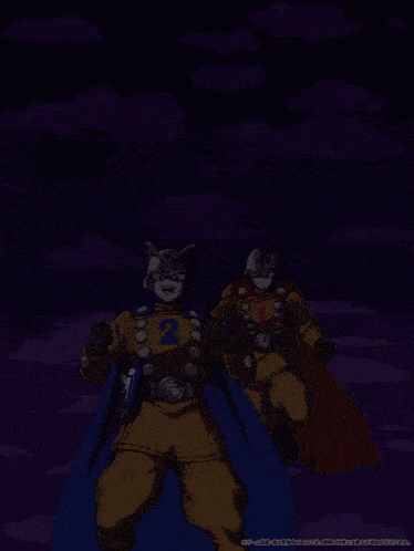 a cartoon drawing of two superheros with the number 2 on their shirts