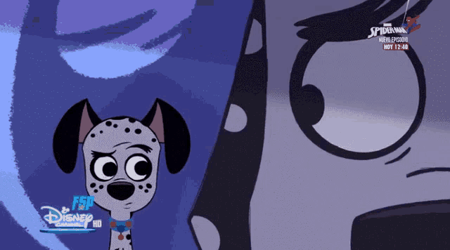 a dalmatian dog is standing next to a spider-man cartoon