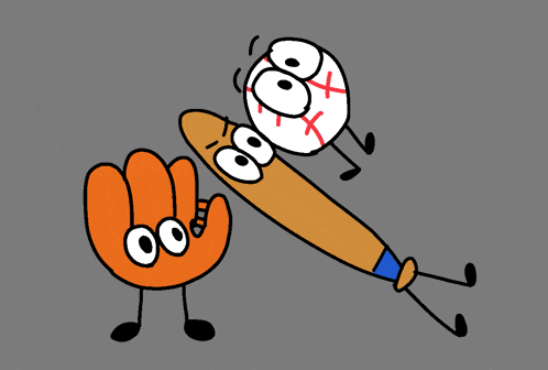 a cartoon drawing of a hand a baseball and a bat