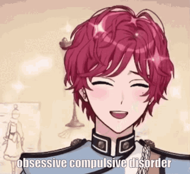a man with red hair is smiling with his eyes closed and the words obsessive compulsive disorder written next to him .