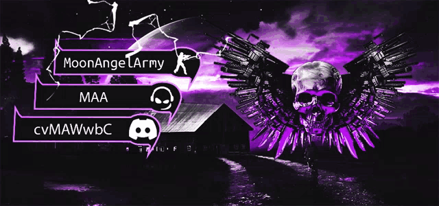 a purple background with a skull and the words moonangelarmy on it