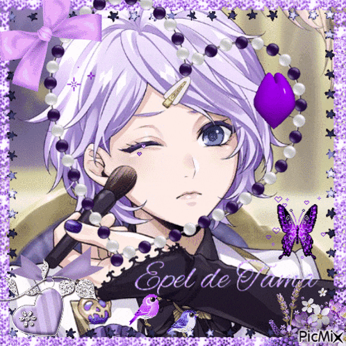 a picture of a girl with purple hair and a purple butterfly with the name epel de palma on the bottom