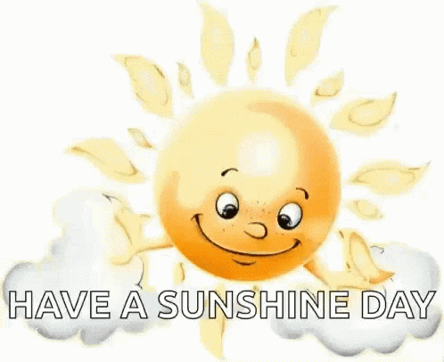 a cartoon sun with a smile on its face is surrounded by clouds and the words `` have a sunshine day '' .